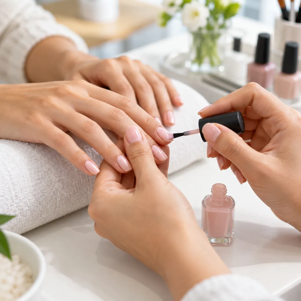 Client getting a manicure at a nail spa, showcasing nail polish application.