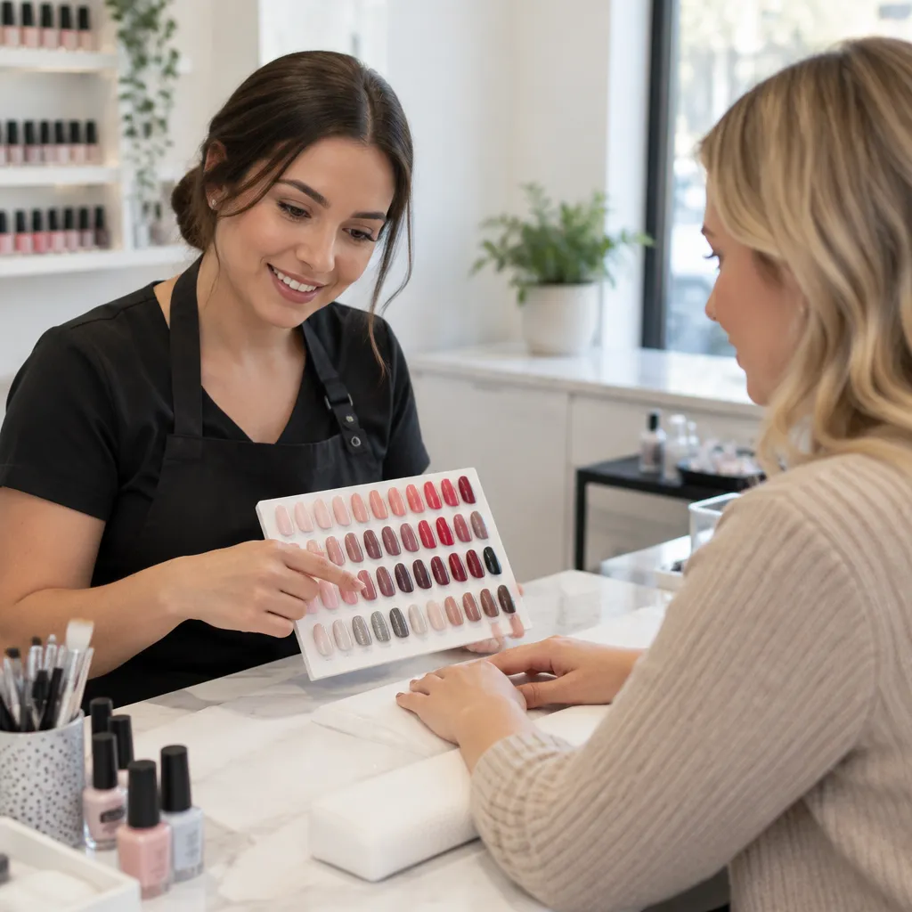 Nail technician discussing services with a client for cost-effective options.