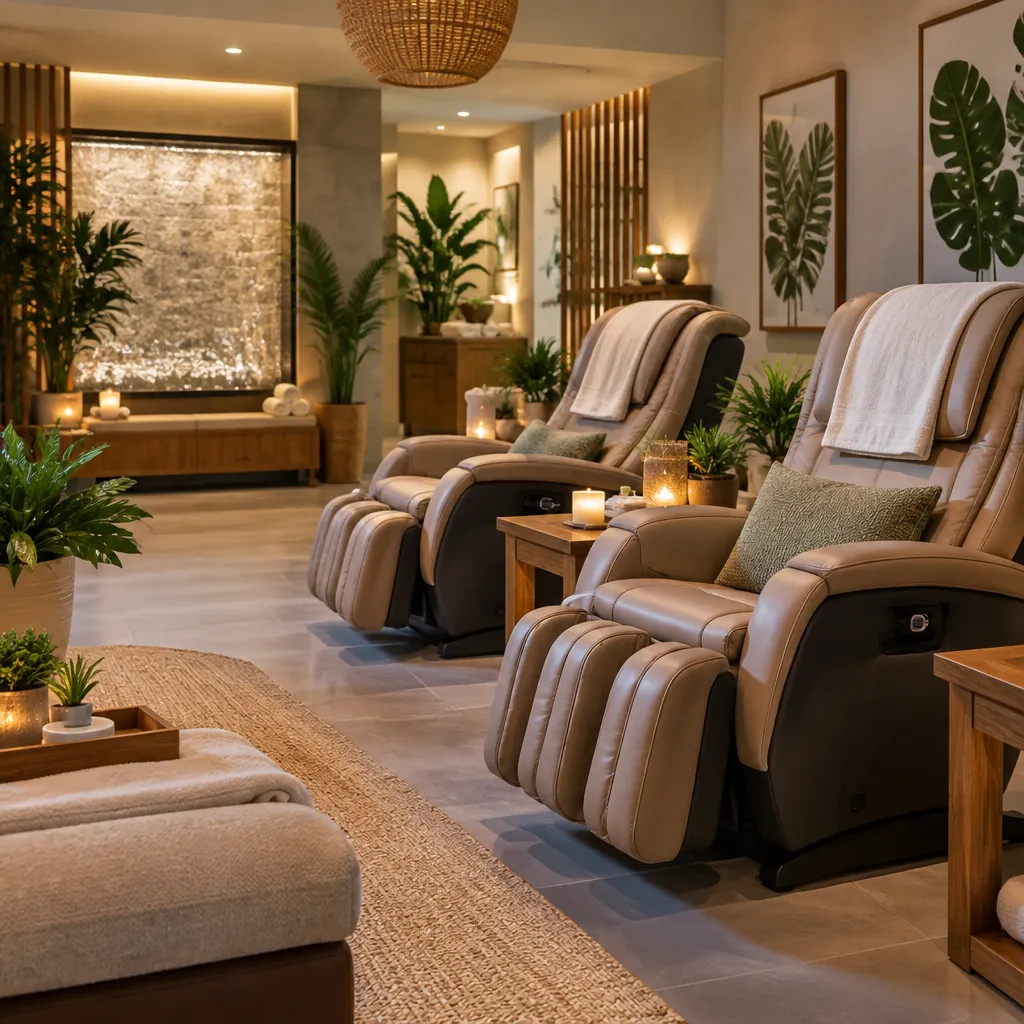 Serene spa area within the salon with comfortable massage chairs and soothing decorative elements.