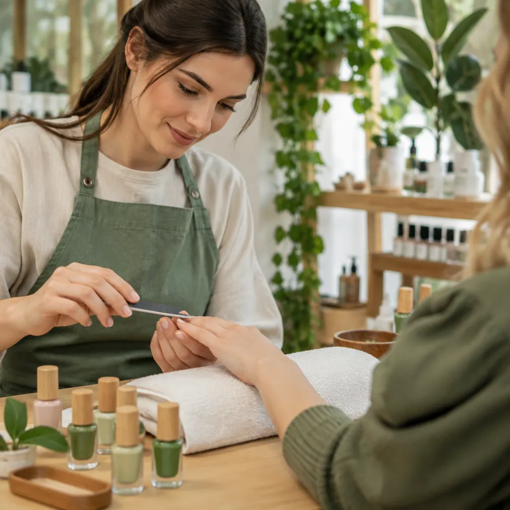 Display of eco-friendly nail care products used in a salon, demonstrating sustainable practices.
