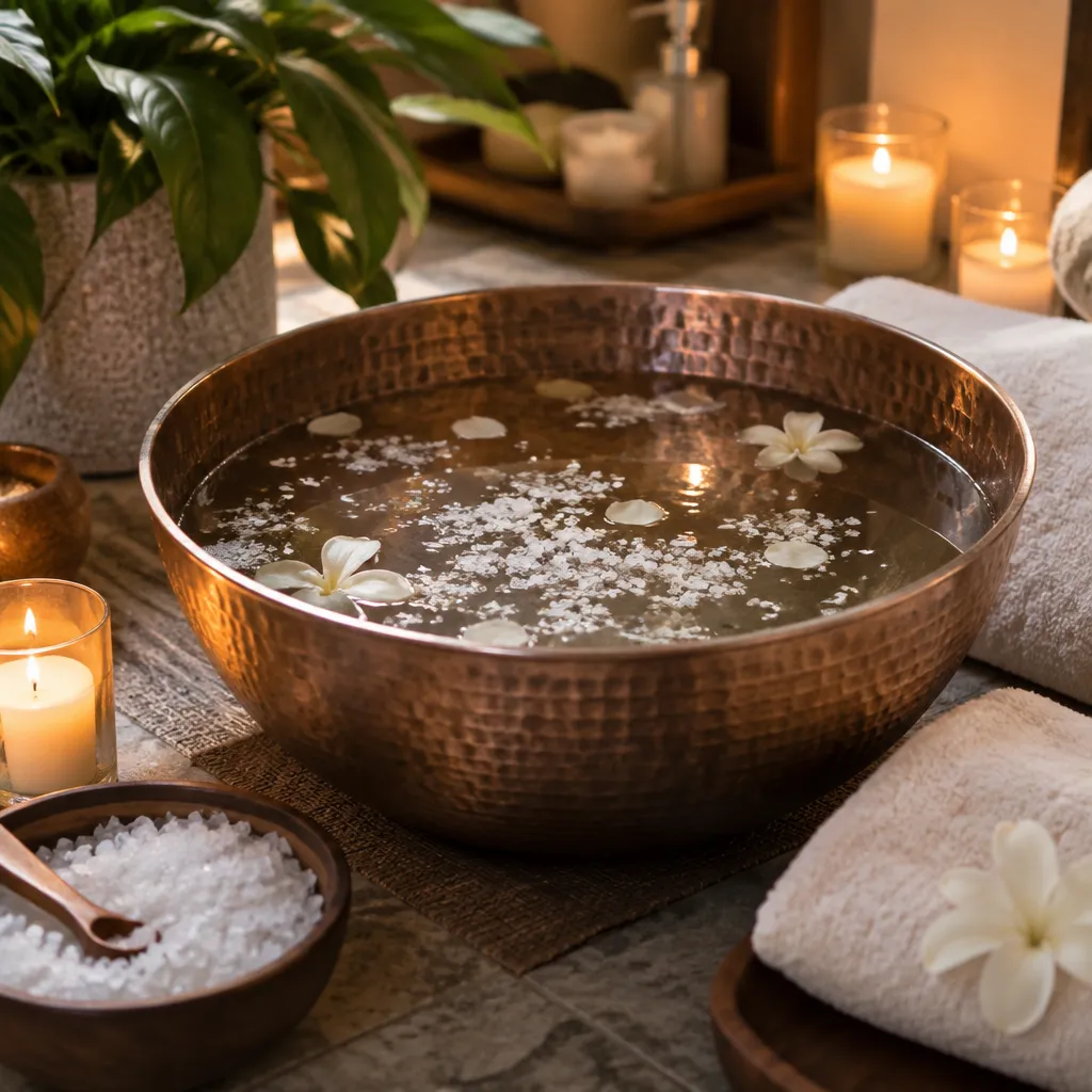 Luxurious pedicure bowl with candles and soft towels.