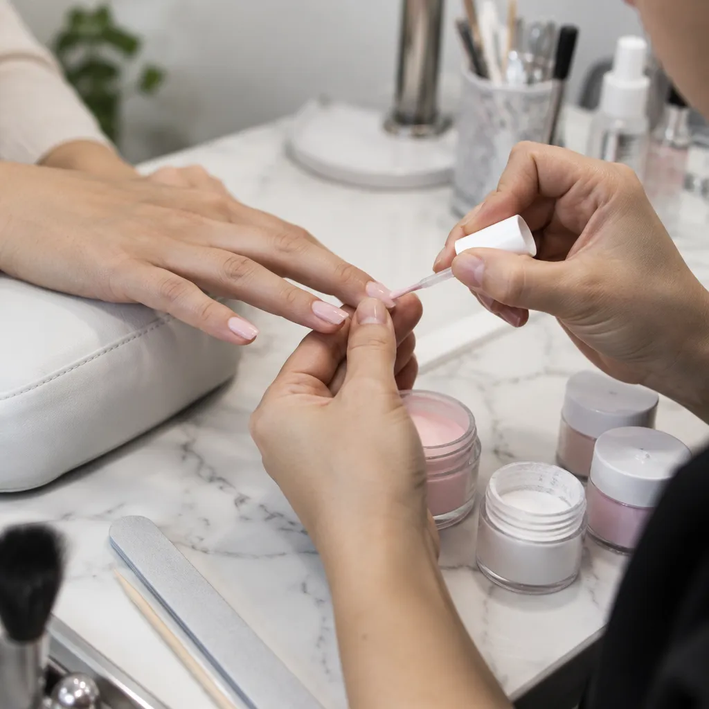 Technician applying dip powder nails during a manicure.