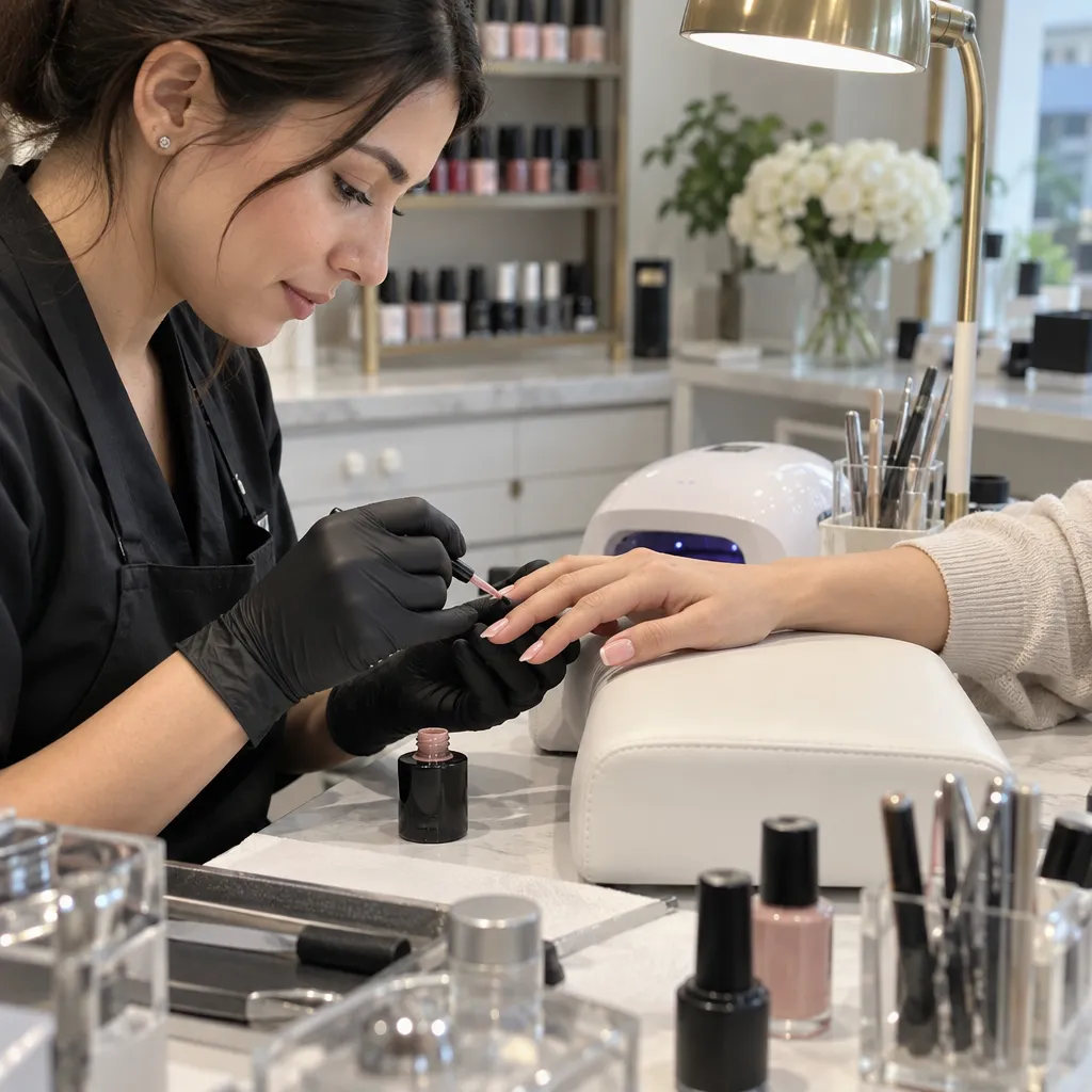 Nail technician performing a gel manicure in a clean salon