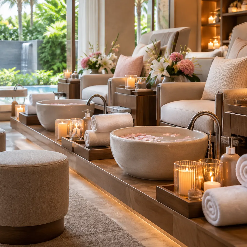 Spa pedicure station with calming decor and arrangements