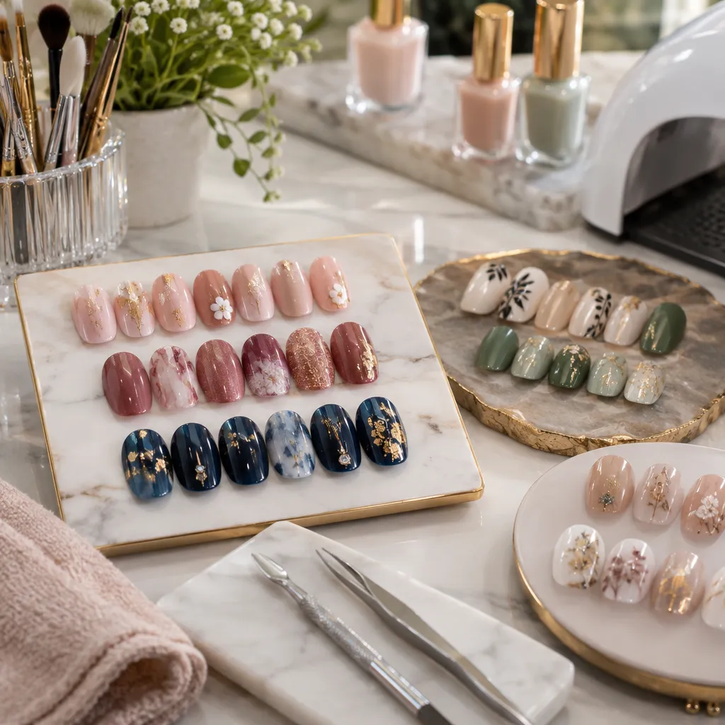 Colorful nail art designs on a manicure table