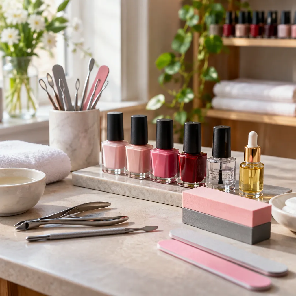 An assortment of manicure tools and products displayed elegantly