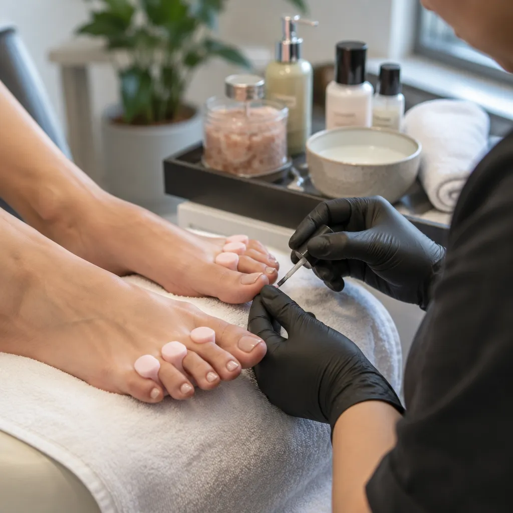 Nail technician providing a pedicure treatment, emphasizing the quality of service