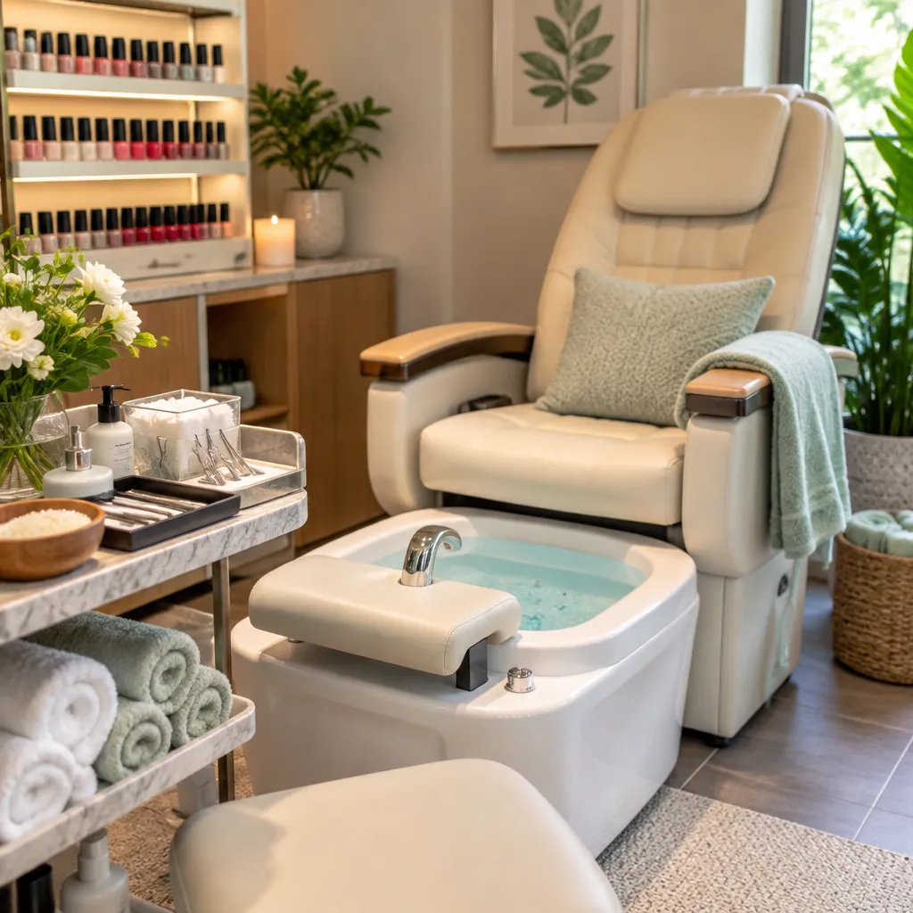 A well-equipped pedicure station with a variety of nail polish options and cozy atmosphere
