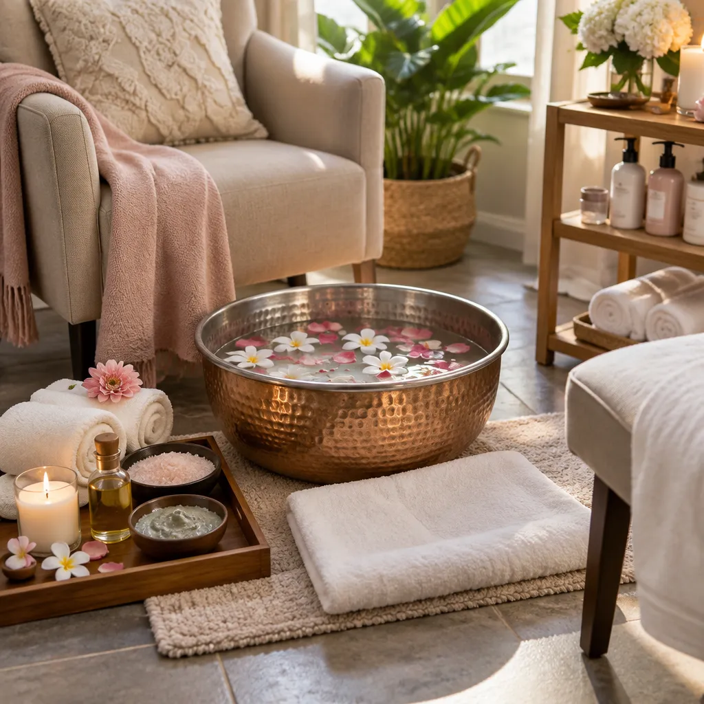 Beautifully arranged pedicure setup in a nail salon featuring spa products and foot bath.