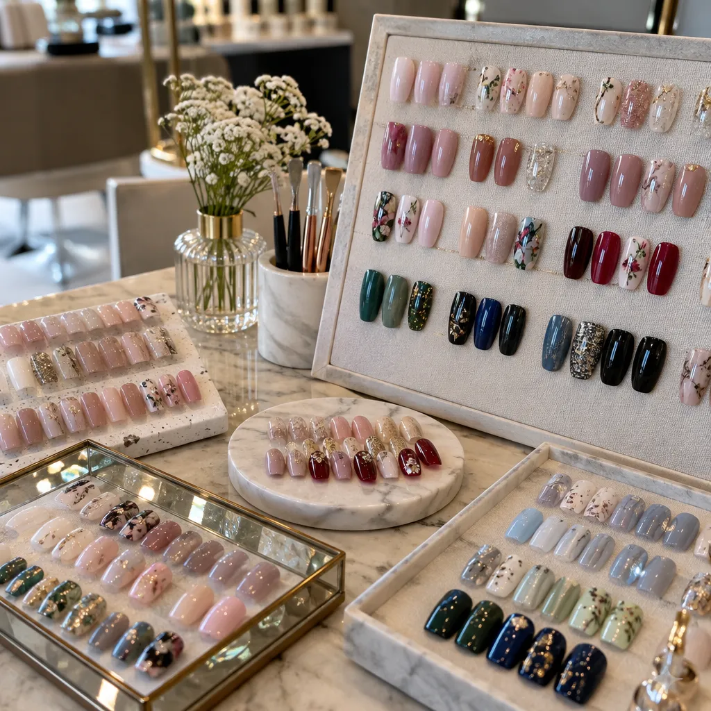 Variety of nail art designs and styles showcased beautifully on a table in a nail salon.