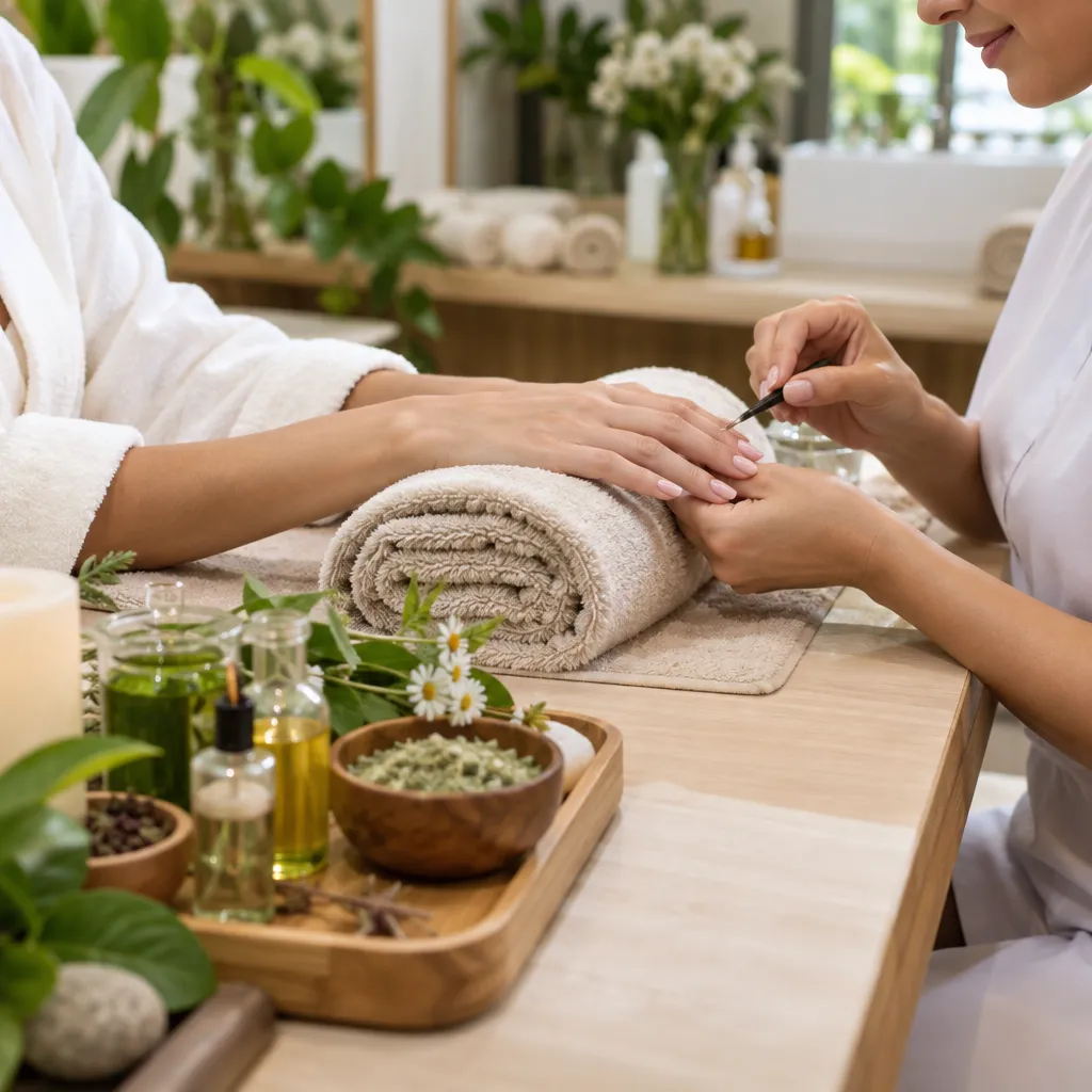 An Organic Dream Manicure treatment with herbal neck wraps and organic product display