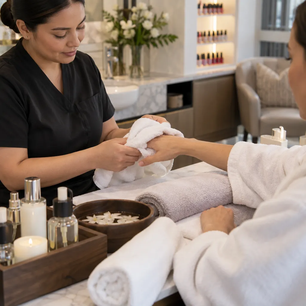 Technician providing a relaxing Luxury Manicure with treatment products