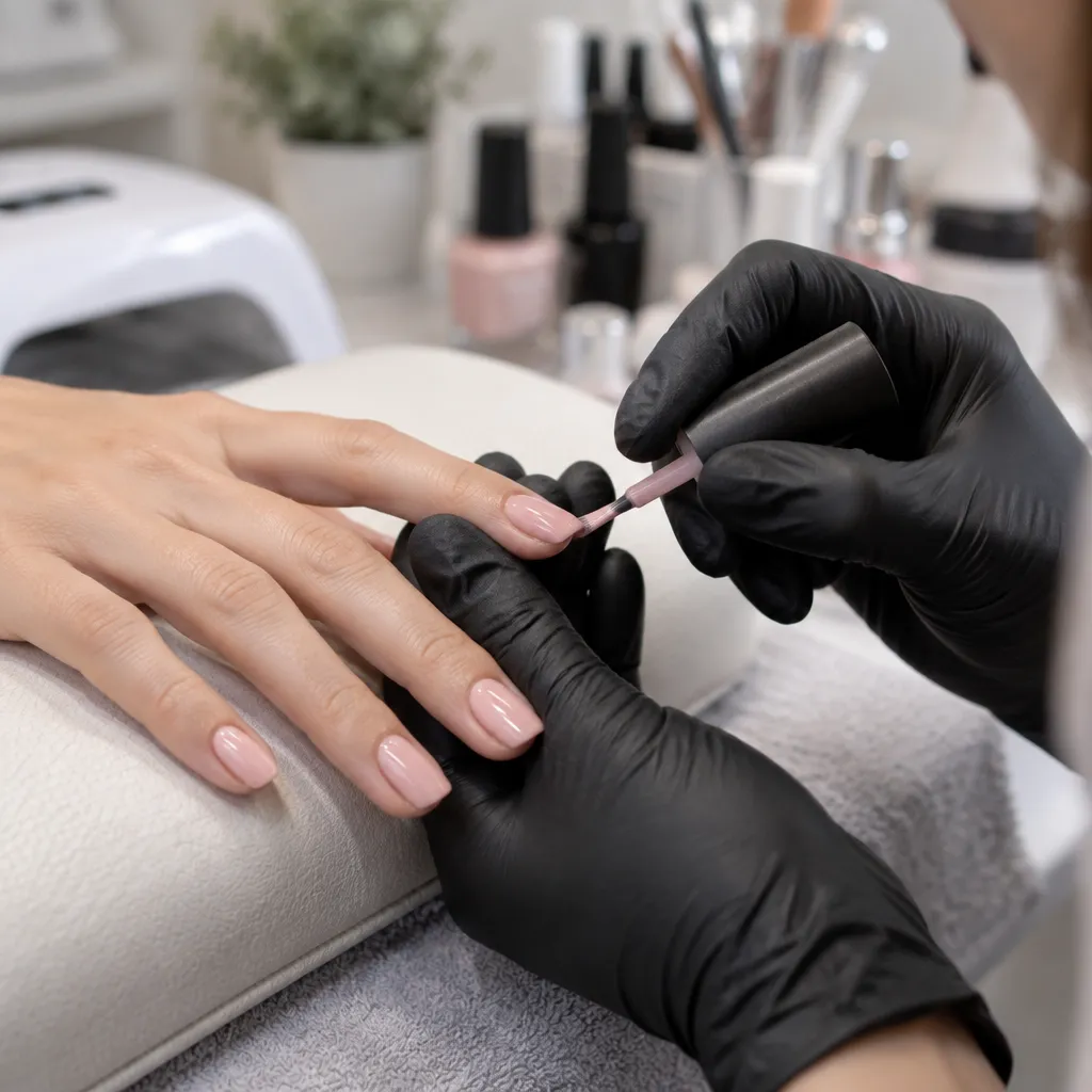 Technician applying gel polish in a nail salon