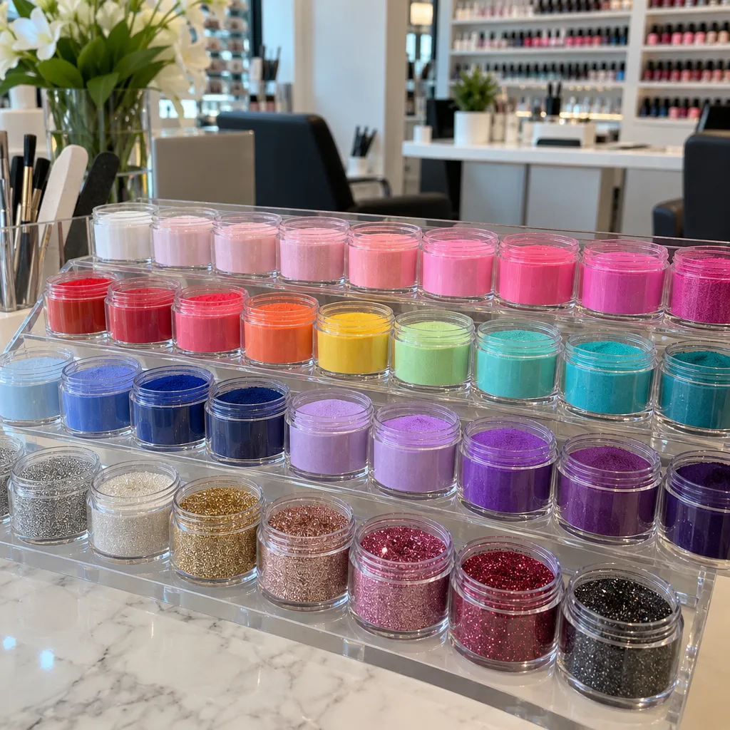 Variety of dip powder colors in a nail salon