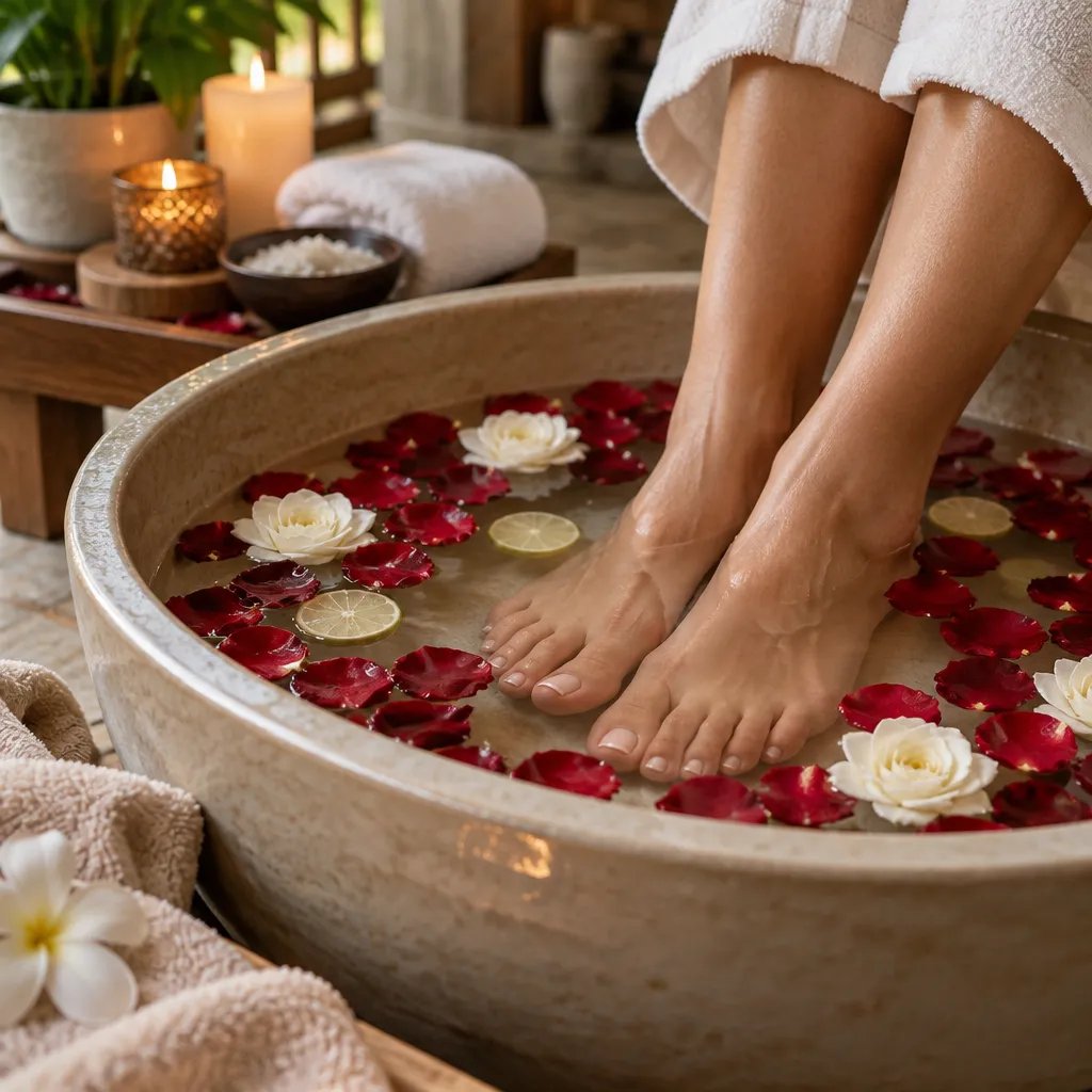 Feet soaking in a luxurious pedicure tub during a relaxing treatment