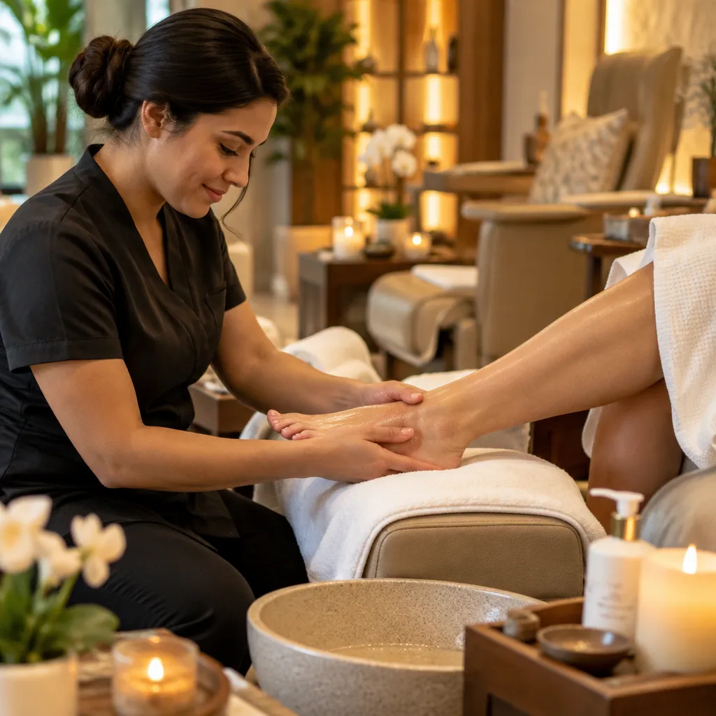 Pedicure technician performing a massage on a client's foot in a nail salon