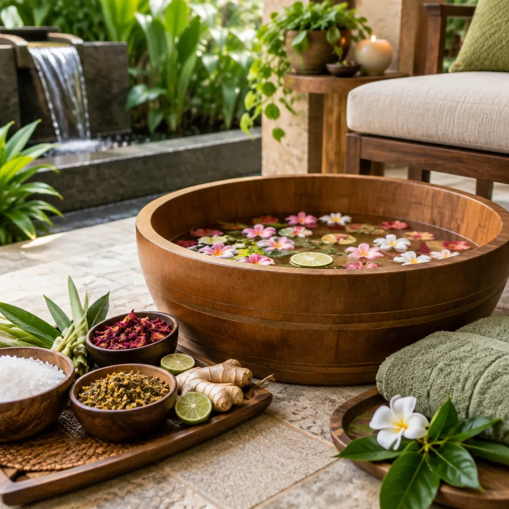Natural ingredients surrounding a pedicure tub in a tranquil spa