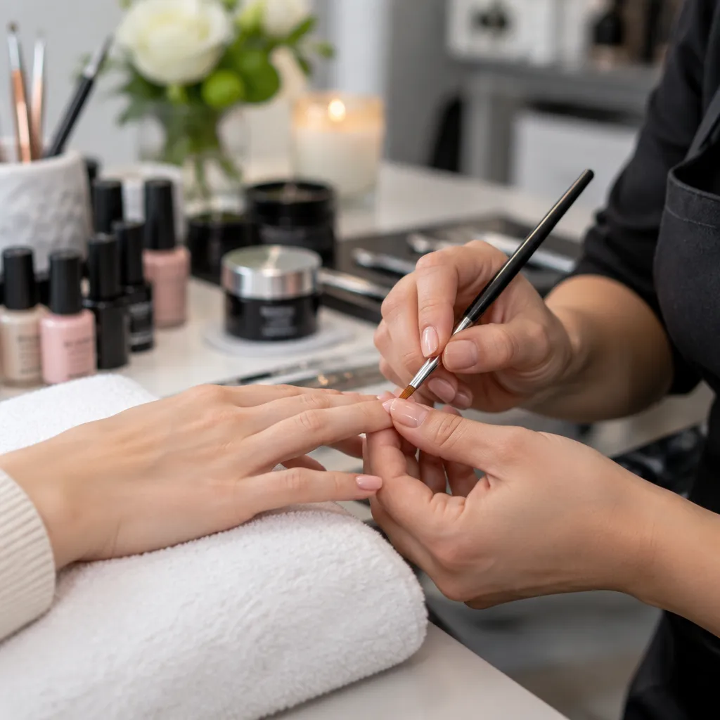 Technician providing a manicure to a client with a focus on quality care and products.