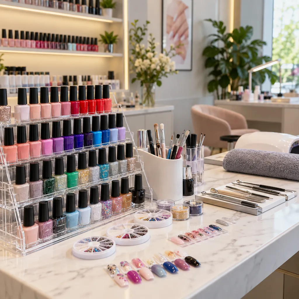 Colorful nail polish display showcasing products available for clients at Baytowne Nails.