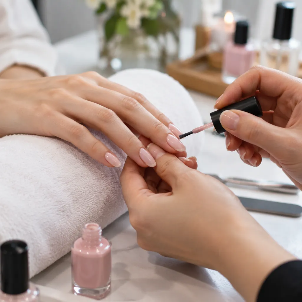 Close-up of hands being manicured with colorful nail polish in a salon.