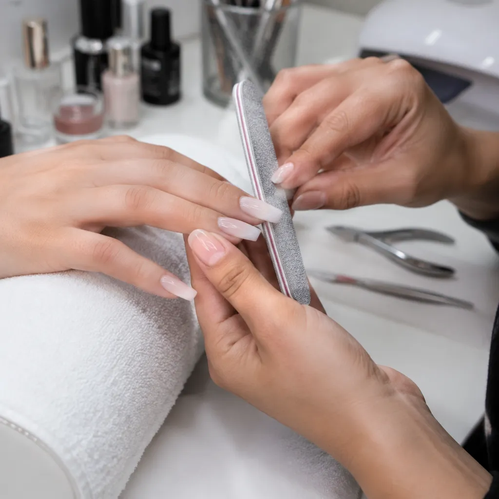 Nail technician shaping acrylic nails with professional tools in a salon setting.
