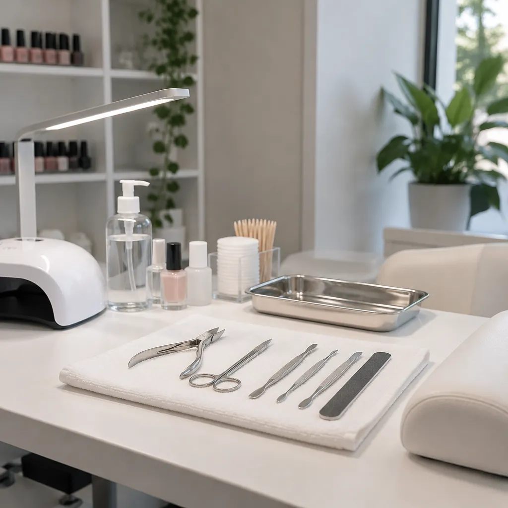 Clean and organized manicure station ready for clients in a beauty salon.