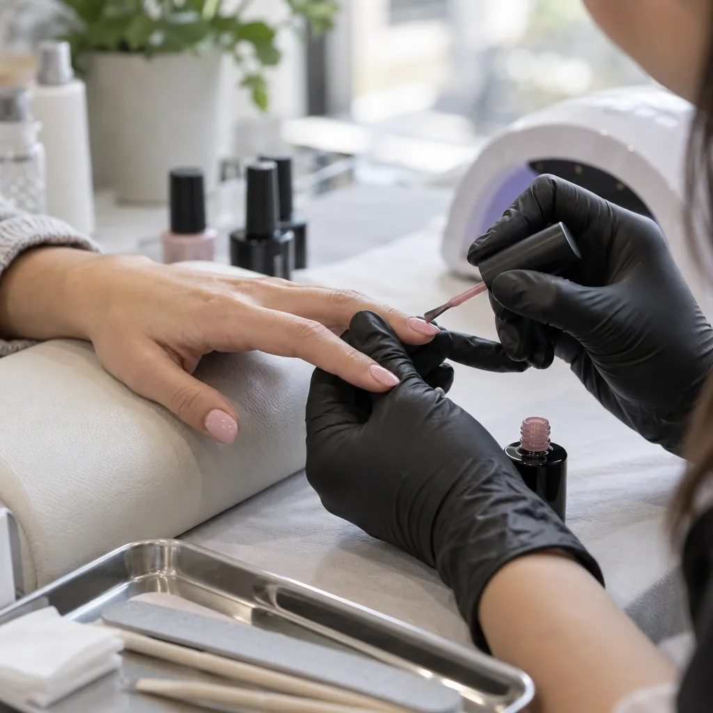 Technician applying intricate nail art on a client's nails