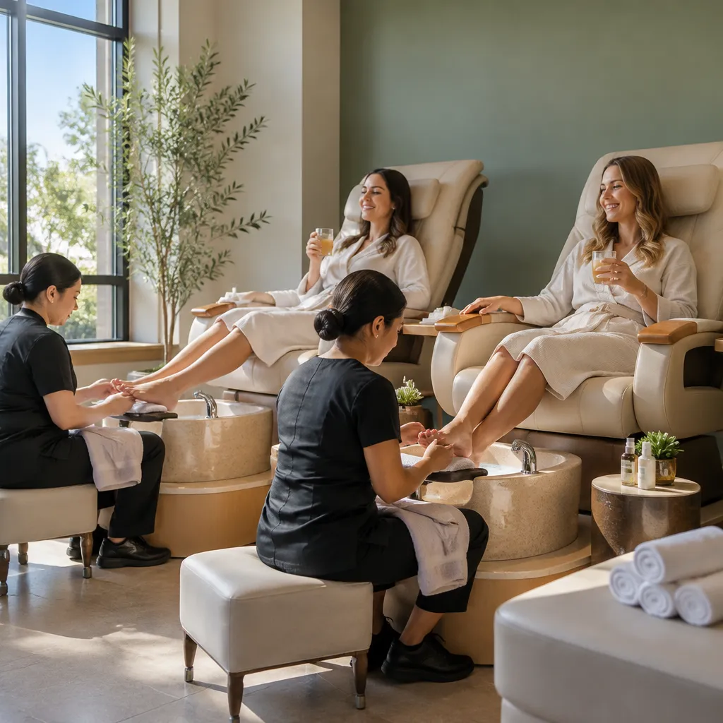 Relaxing pedicure station at Ruby Nails & Spa with clients receiving treatments