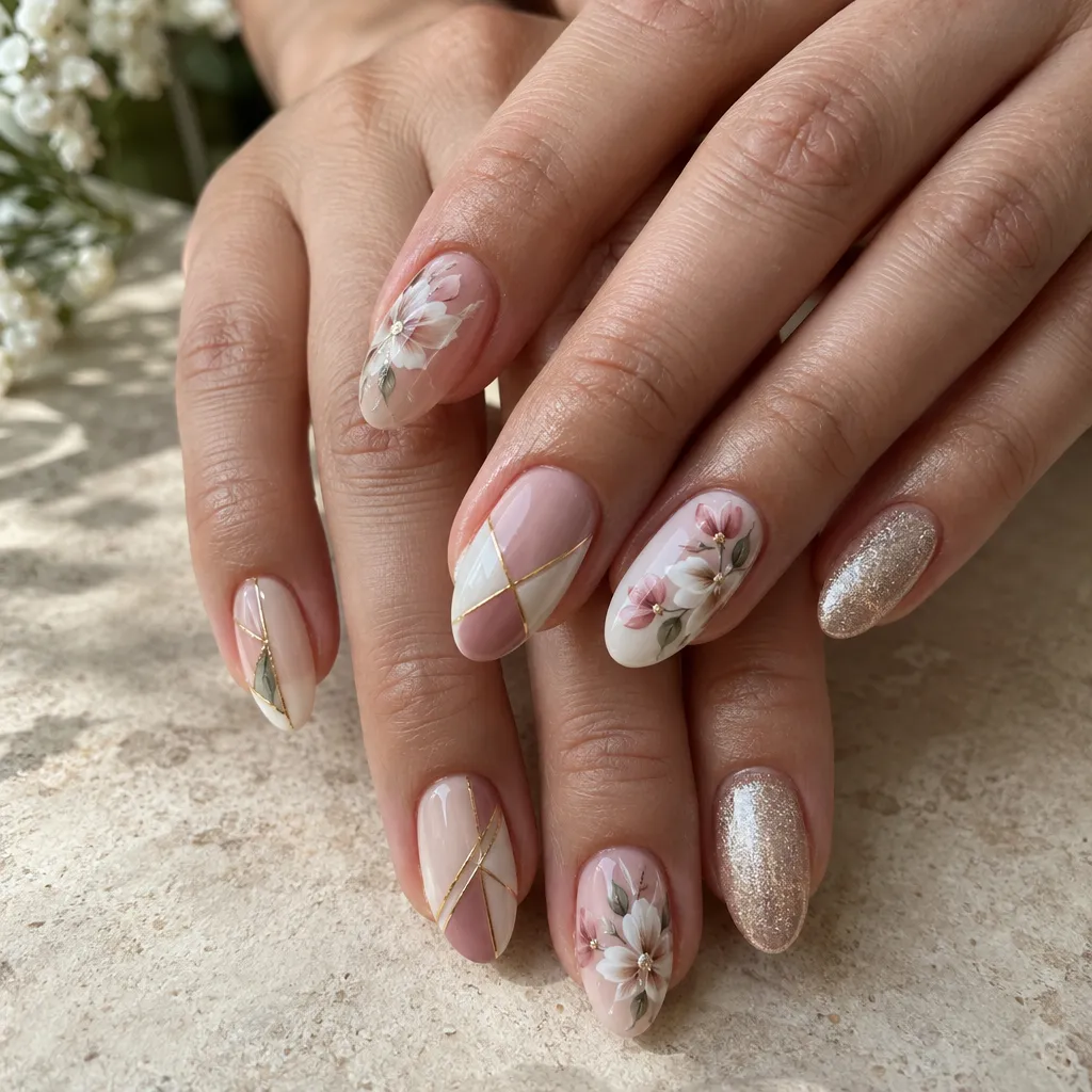 Beautifully manicured hands with intricate nail art designs.