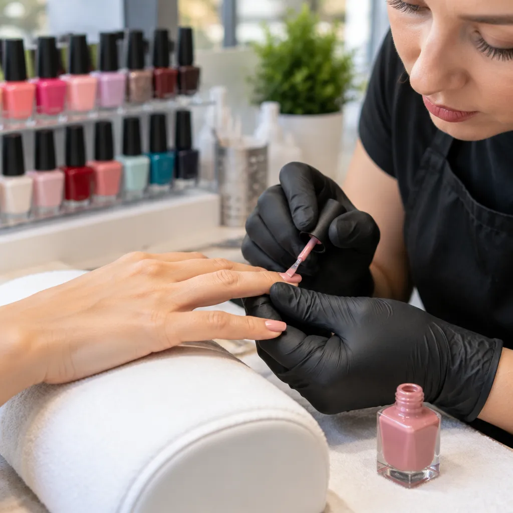 Technicians performing various nail services in a salon setting.
