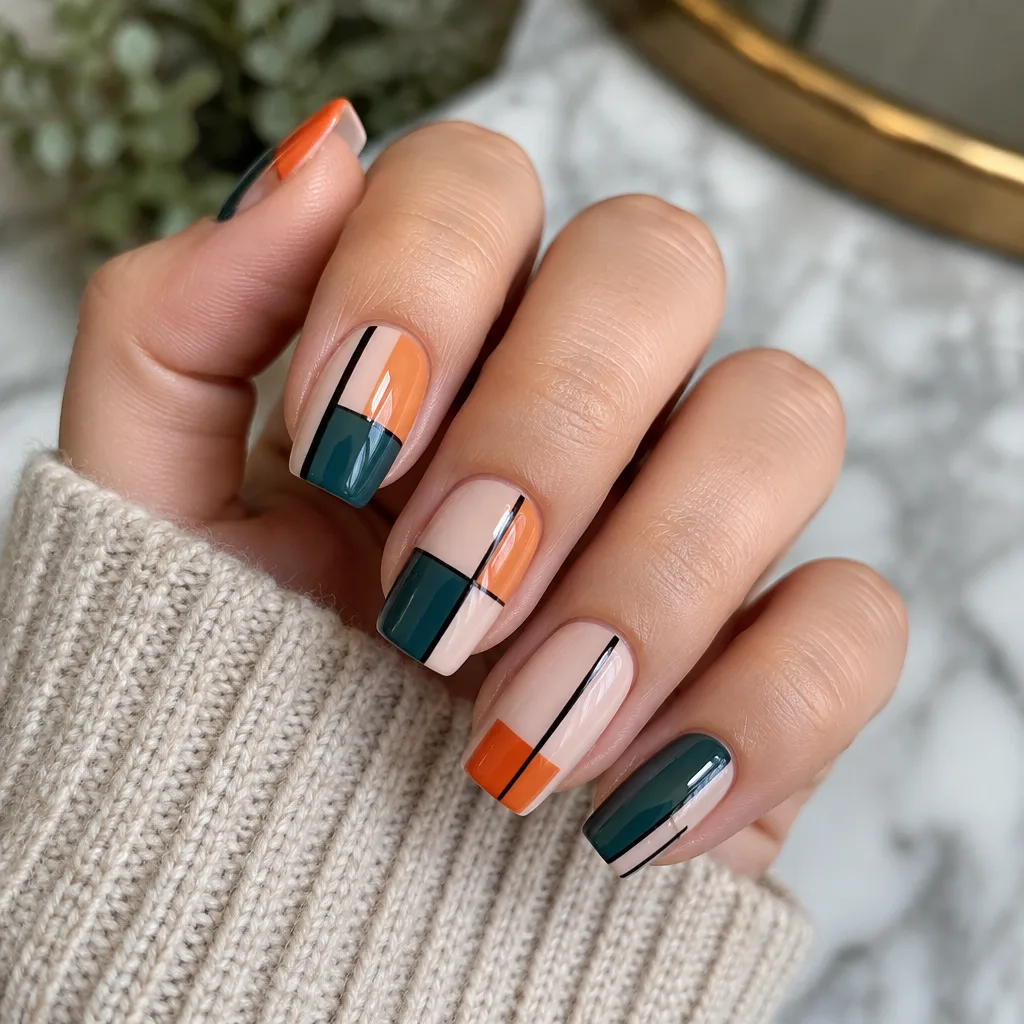 Close-up of a stylish modern manicure with geometric nail art.