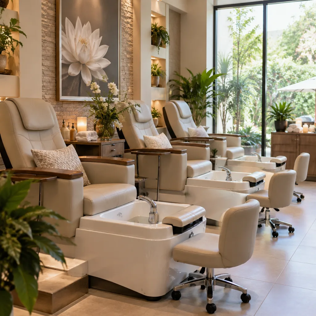 Tranquil nail salon spa area with comfortable seating for manicures.
